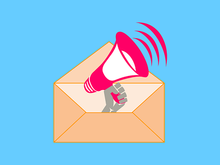 A hand is holding a megaphone out of an envelope.